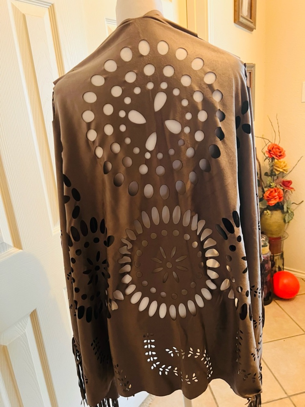 Women's Taupe Laser-Cut Fringe Shawl - Picture 2 of 3